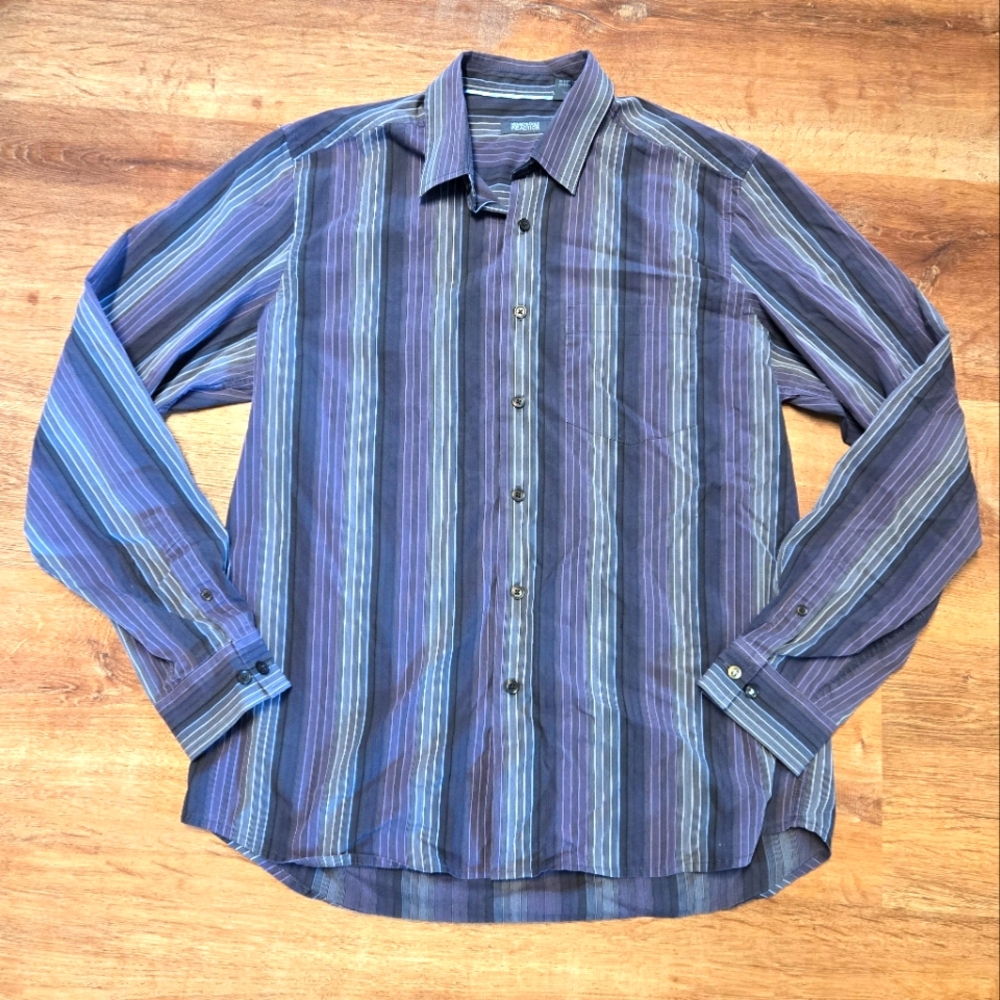 Kenneth Cole Reaction Striped Shirt in Black, Gray, and Purple Medium